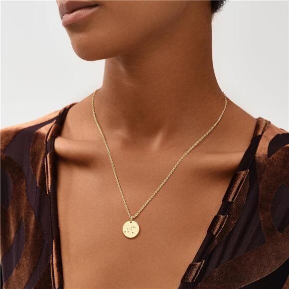 Gold Necklace Coin Disc Zodiac 12Constellation Star Connected Engraved Horoscope - Picture 3 of 8